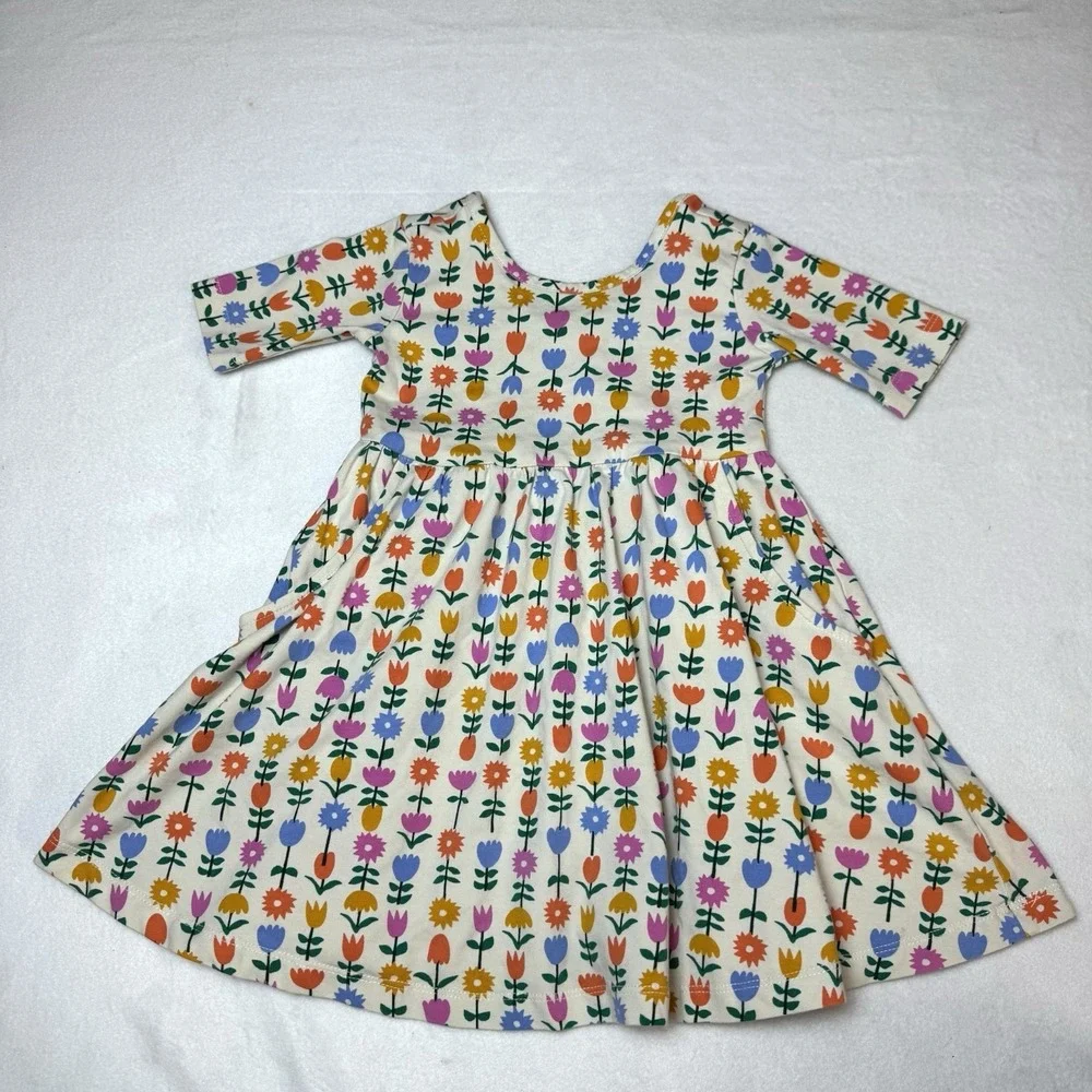 Hanna Andersson Girls Tip Floral Skater Dress Size 3T Pockets Cotton Stretch